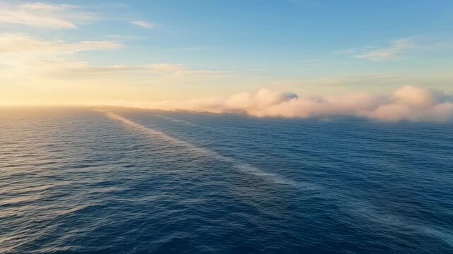 Aerial shot of calm ocean surface at sunset, featuring a unique, long low cloud formation stretching across the water. Cinematic travel background.