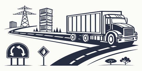 Freight semi truck driving on country road past electrical infrastructure with transport logistics shipping delivery transportation infrastructure electric industrial trucking commercial © Md Kazi Rahman