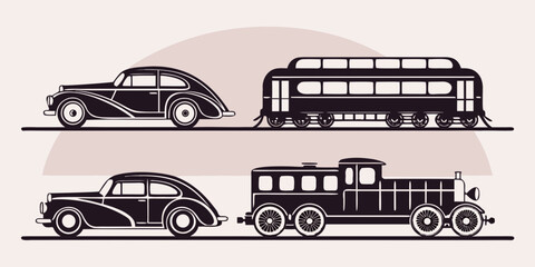 Retro collection of classic vintage automobiles and steam trains with locomotive transportation automobile transport illustration collection nostalgia passenger movement historical heritage © Md Kazi Rahman