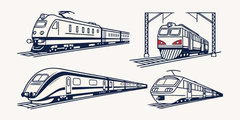 Collection of modern and high speed passenger trains on railway tracks with railroad transport transportation locomotive commuter passenger traveling electric illustration monochrome © Md Kazi Rahman