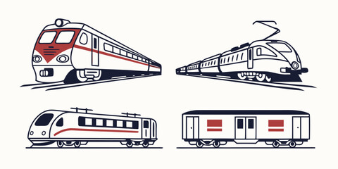 Collection of four train vehicle icons in minimalist graphic style with locomotive transport passenger commuter collection illustration infrastructure electric carriage railroad isolated © Md Kazi Rahman