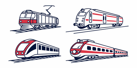 Set of four modern passenger train icons on tracks illustration with locomotive transport passenger commuter collection illustration infrastructure electric carriage railroad isolated © Md Kazi Rahman