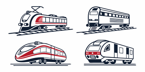 Set of four passenger train and commuter vehicle vector icons with locomotive transport passenger commuter collection illustration infrastructure electric carriage railroad isolated © Md Kazi Rahman