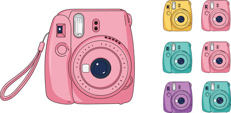 Colorful instant cameras in pink, yellow, teal, and purple, vector illustration
