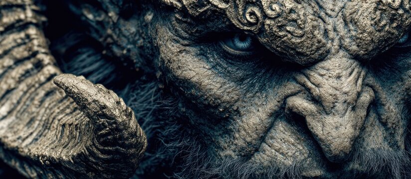 Close-up of a mythical creature's face, stone-like texture, horns