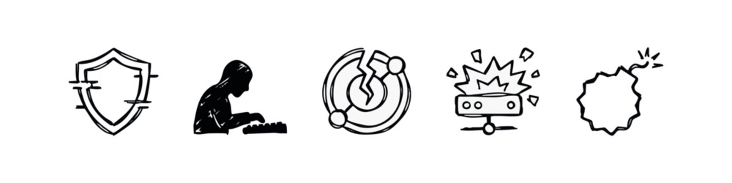 Cybersecurity Icons: Shield, Hacker, Cracked Chip, Server Explosion, Bomb