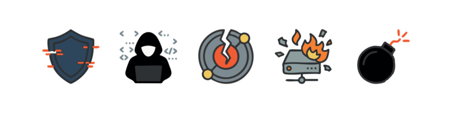 Colored Cybersecurity Icons: Shield, Hacker, Cracked Chip, Server Explosion, Bomb