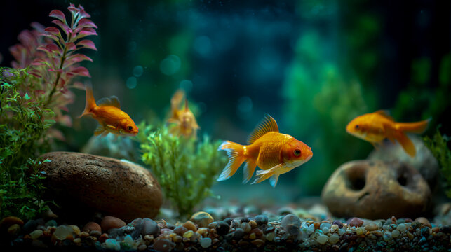 Orange goldfish swimming among rocks in aquarium