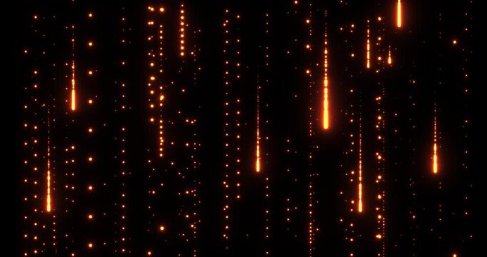 Endless streams of luminous particles continuously fall down, creating a futuristic rain effect in the digital space. The rhythmic movement of vertical lines forms a dynamic background, ideal for high