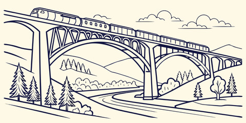 Line art illustration of high speed train crossing a large arch bridge with railroad transportation infrastructure landscape commuter locomotive mountains engineering movement traveling © Md Kazi Rahman