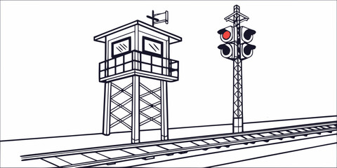 Railway control tower and traffic signal light next to train tracks with transportation railroad infrastructure illustration industry locomotive communication monitoring surveillance platform © Md Kazi Rahman