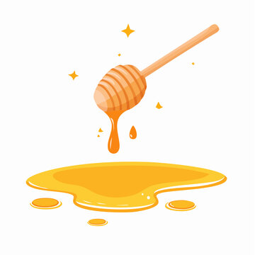 Honey dripping from a dipper onto a puddle of honey