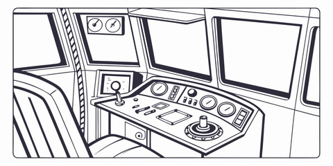 Inside view of modern train locomotive cabin with navigation console locomotive interior transportation dashboard operator technology industrial machinery illustration transport technical © Md Kazi Rahman