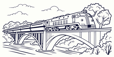 Passenger train moving over an arch bridge across a river with rail line landscape locomotive transportation railroad passenger transport crossing waterway carriage adventure sightseeing © Md Kazi Rahman