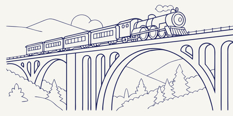 Steam train traveling across a stone arch bridge in nature with steam engine railway bridge engine driver locomotive railroad landscape transportation mountain passenger carriage transport © Md Kazi Rahman