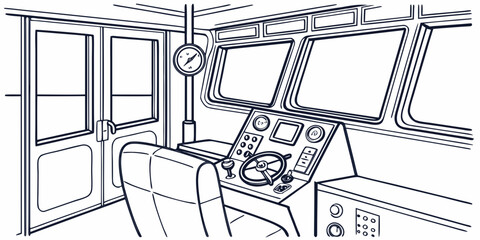 Interior view of modern train driver cab with wheel steering system locomotive interior transportation steering dashboard operator technology industrial machinery illustration transport © Md Kazi Rahman