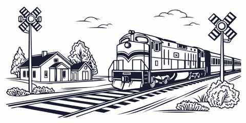 Black and white graphic illustration of a train approaching a country railway crossing with warning signs railroad crossing locomotive transportation illustration monochrome traveling traveler © Md Kazi Rahman