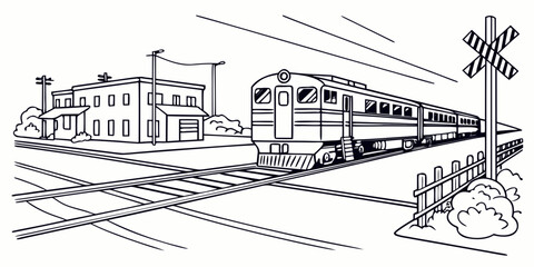 Black and white line art of a commuter train traveling through a rural intersection and railway crossing with railroad crossing locomotive transportation illustration monochrome traveling © Md Kazi Rahman