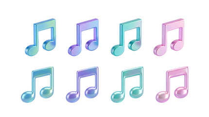 Set of 3d iridescent musical notes isolated on transparent background glossy holographic eighth note icons in pastel colors for creative music design © Taha