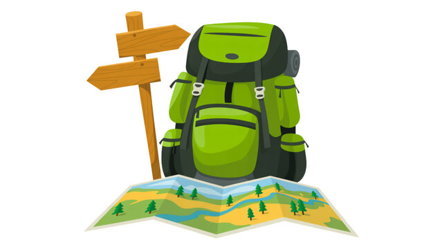 Cartoon backpacker with hiking stick exploring a lush green forest Vector