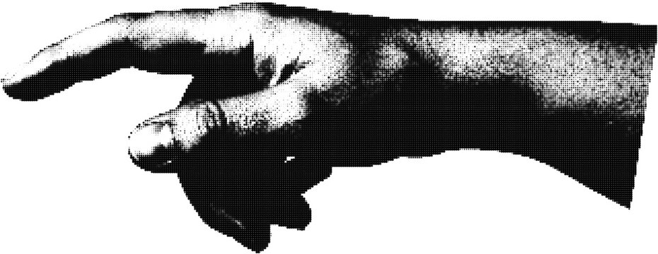Grunge Halftone Pointing Hand Vector Illustration, Black and White Retro Gesture Design.
