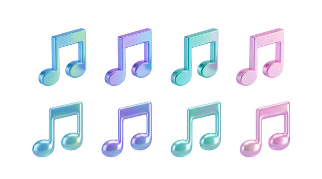 Set of 3d iridescent musical notes isolated on transparent background glossy holographic eighth note icons in pastel colors for creative music design