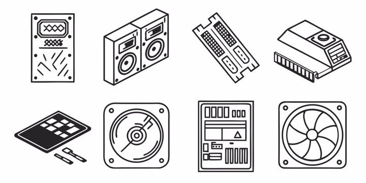 Isometric icons set showing computer parts audio speakers and internal electronic hardware components with isometric hardware computer electronics processor internal components equipment