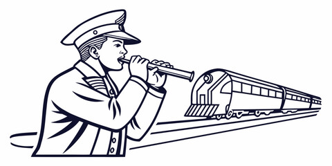 Conductor using handheld signal or whistle for train arrival with conductor railroad locomotive transportation professional platform employee authority illustration monochrome isolated © Md Kazi Rahman