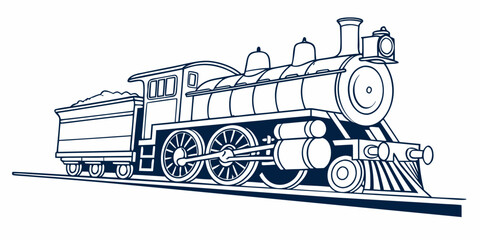 Vintage steam locomotive train side view line art illustration with locomotive transportation railroad illustration monochrome isolated industry steampunk transport powerful mechanical © Md Kazi Rahman