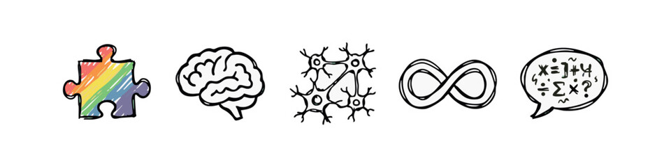 Fototapeta premium Hand Drawn Neurodiversity Awareness Icons featuring Brain and Rainbow Puzzle