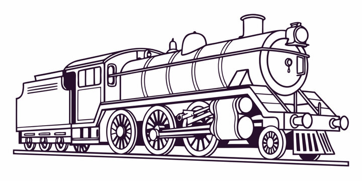 Minimalist vintage steam engine locomotive silhouette with locomotive transport railroad transportation illustration monochrome isolated steampunk industry engineering mechanical movement