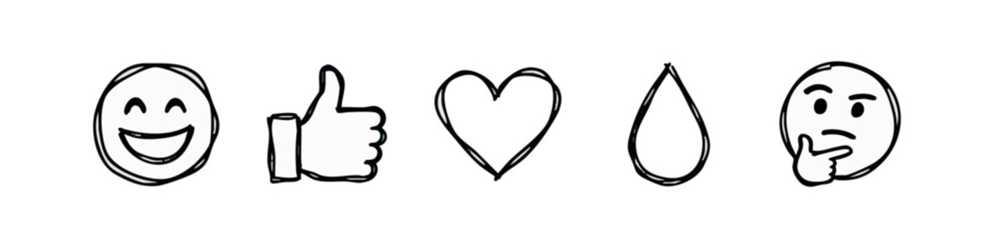 Hand Drawn Social Media Reaction Icons with Smiley Face Thumbs Up and Heart Symbols
