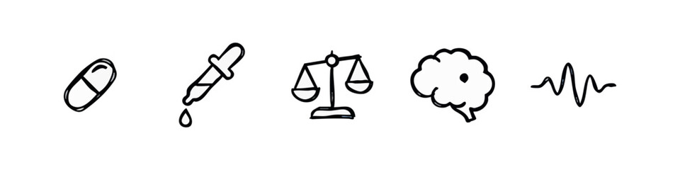 Obraz premium Hand Drawn Medical and Legal Icon Set with Pill Scales of Justice and Brain