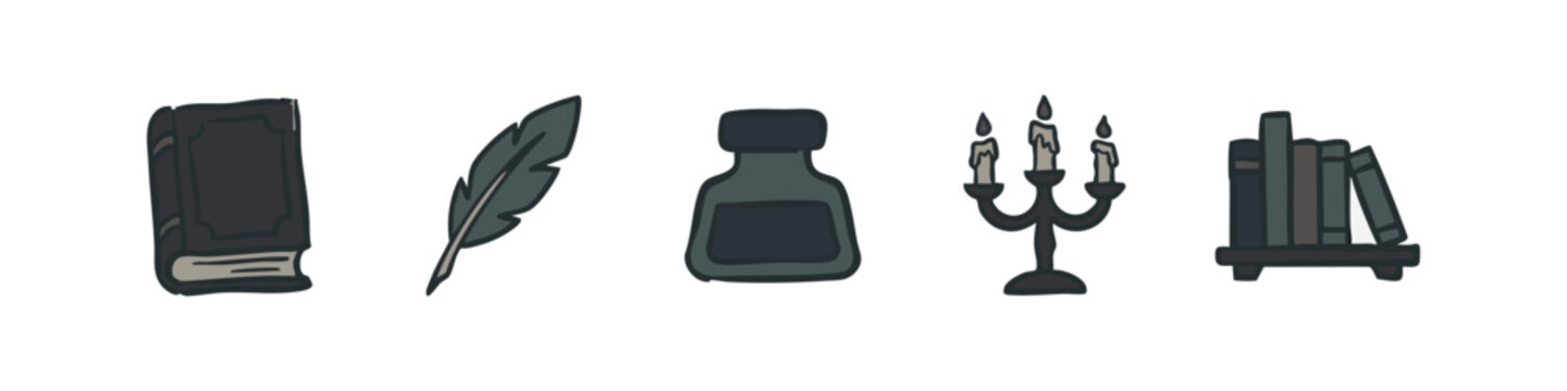 Classical Dark Tones Colored Icon Set with Vintage Writing Tools and Books