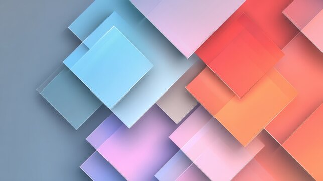 Abstract Geometric Composition: A dynamic arrangement of overlapping squares and rectangles in a spectrum of soft, pastel hues, evoking a sense of modern elegance and artistic innovation.