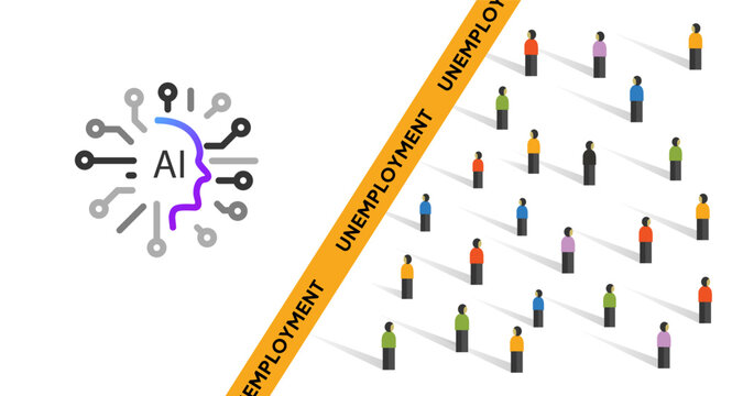 Global unemployment crisis due to artificial intelligence automation showing ai brain icon crowd of people representing massive job loss and labor market shift caused by advanced technology and