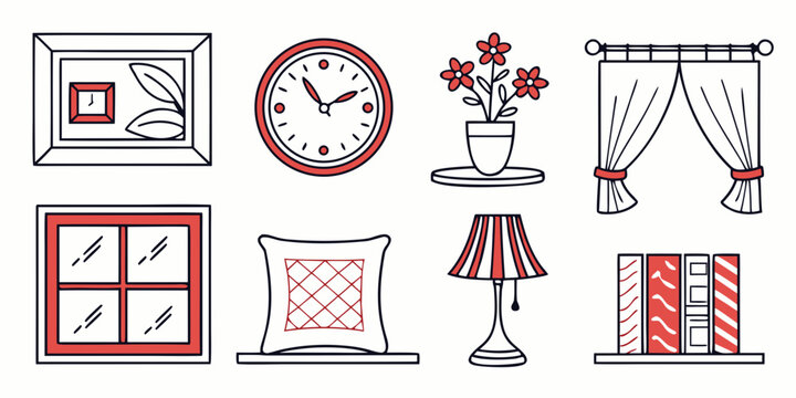 Set of eight flat style interior design icons showcasing home decorations curtains furniture and timekeeping devices with interior furniture curtains lifestyle decorating elements illustration