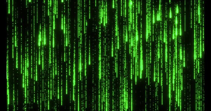 Endless streams of luminous particles continuously fall down, creating a futuristic rain effect in the digital space. The rhythmic movement of vertical lines forms a dynamic background, ideal for high