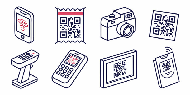 Isometric icons collection featuring digital devices qr codes camera and payment technology isometric technology terminal smartphone connection illustration business wireless electronic