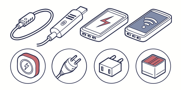 Isometric set of electronic charging accessories power banks cables and mobile device components with electronics charging technology wireless connection accessory portable hardware electric