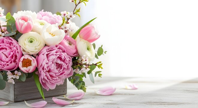 A beautiful bouquet of pink and white flowers in a wooden box on a table with petals scattered around on transparent background