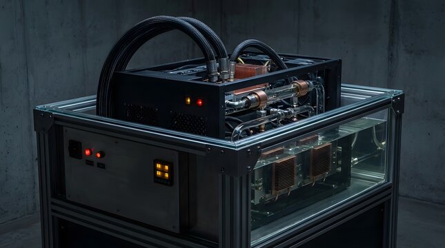 Advanced liquid cooled computer system for intense tasks with copper radiators and tubes.