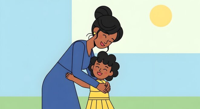 A cartoon illustration of a mother and daughter embracing warmly on a sunny day on transparent background