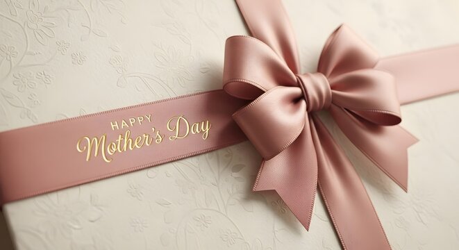 A pink ribbon with a bow on a white gift box for Mother's Day on transparent background