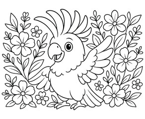 A cute cartoon cockatoo surrounded by various flowers and green leaves. © Farida