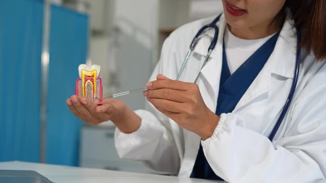 dentist video consultation, communicates with patient via an online conference, uses laptop, diagnoses, recommended and tooth models and analyzing dental treatments, and also answers questions.
