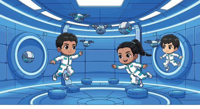 Cartoon Astronauts in Space Suits Floating Together.