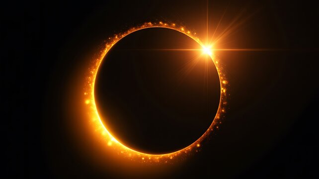 Glowing solar eclipse ring with bright light flare on dark background space astronomy concept