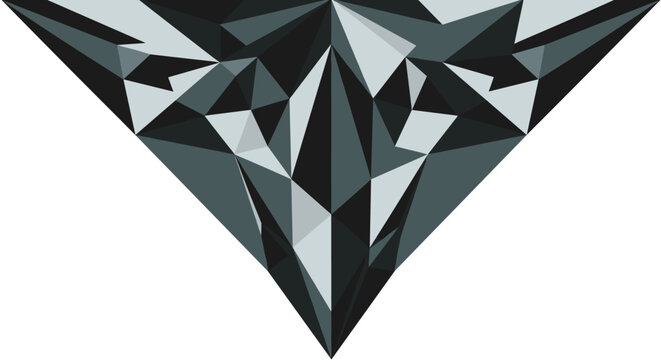 Abstract geometric pattern created with various grey and black triangles forming a symmetrical kaleidoscope design.
