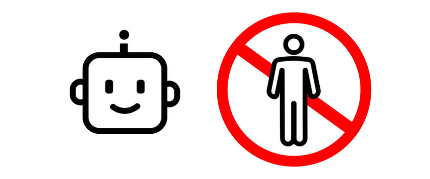 Artificial intelligence replacing human workers concept with robot head icon next to a red forbidden sign representing job displacement automation risks and the future of labor in the era of digital